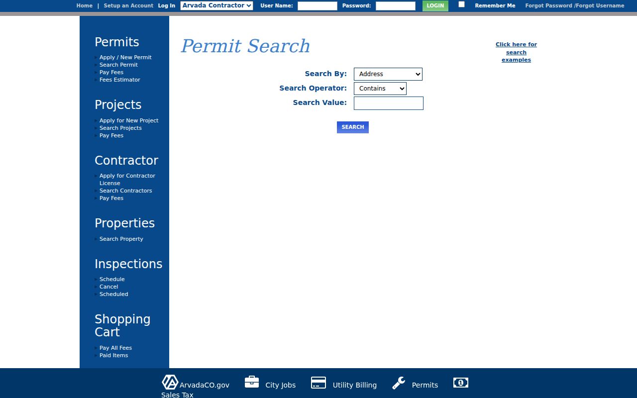 Arvada previous residents permit search fields in eTRAKiT
