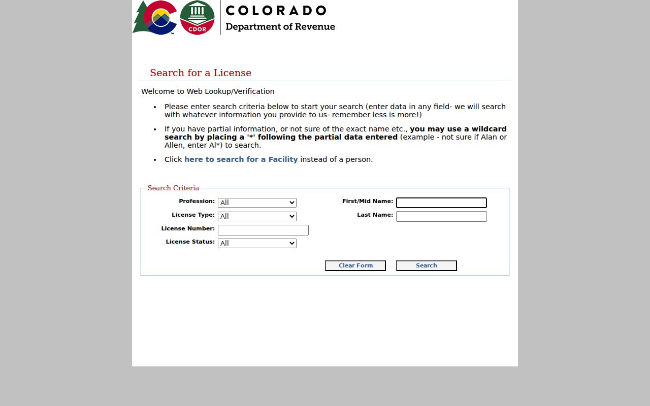 Arvada resident lookup: Colorado DORA license search fields