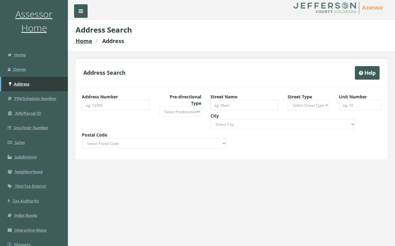 Jefferson County assessor address fields for the Arvada street directory