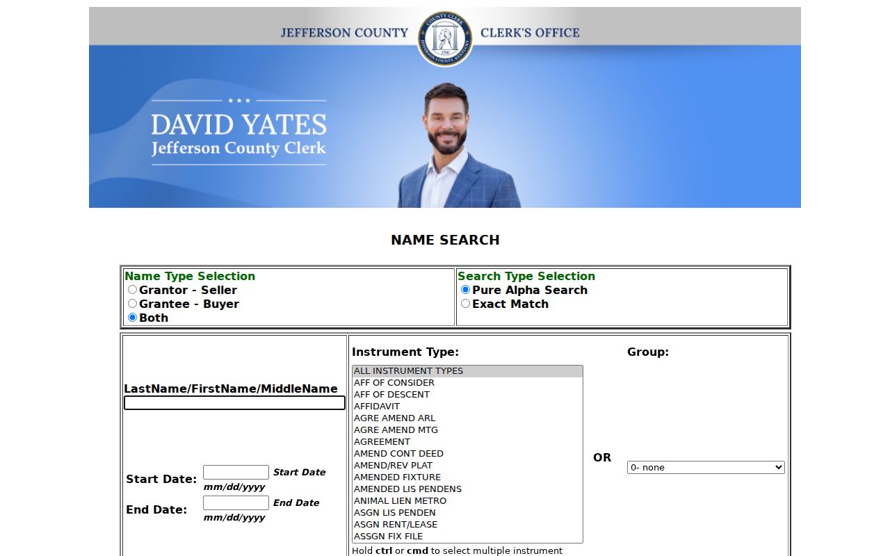 Jefferson County grantor and grantee search fields for the Arvada street directory